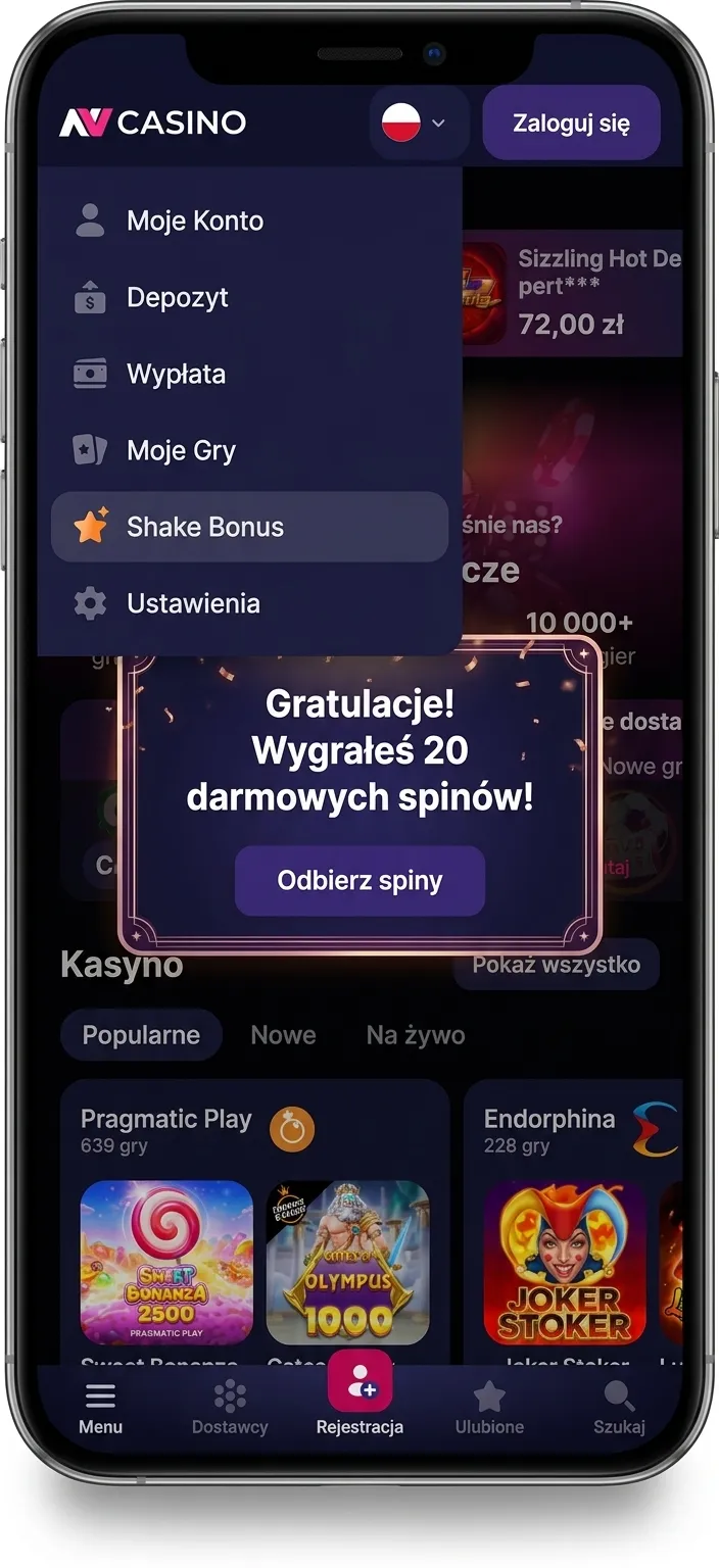 Interfejs aplikacji NV Casino z widoczną funkcją Shake Bonus