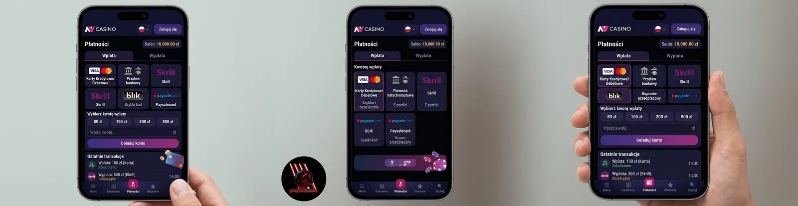 Interfejs płatności w aplikacji mobilnej NV Casino z widocznymi ikonami BLIK, Visa, Mastercard i kryptowalut.
