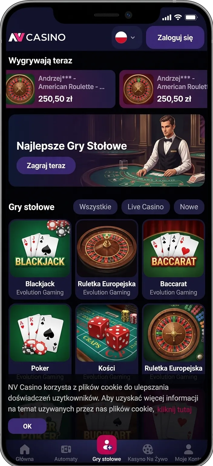 Ekran aplikacji NV Casino z widokiem na live kasyno i gry stołowe